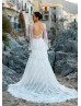 Long Sleeve Beaded Ivory Lace Tulle U Back Wedding Dress